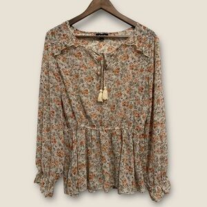 Gigio Floral Print Women's Long Sleeve Sheer Tassel Tie Top MEDIUM